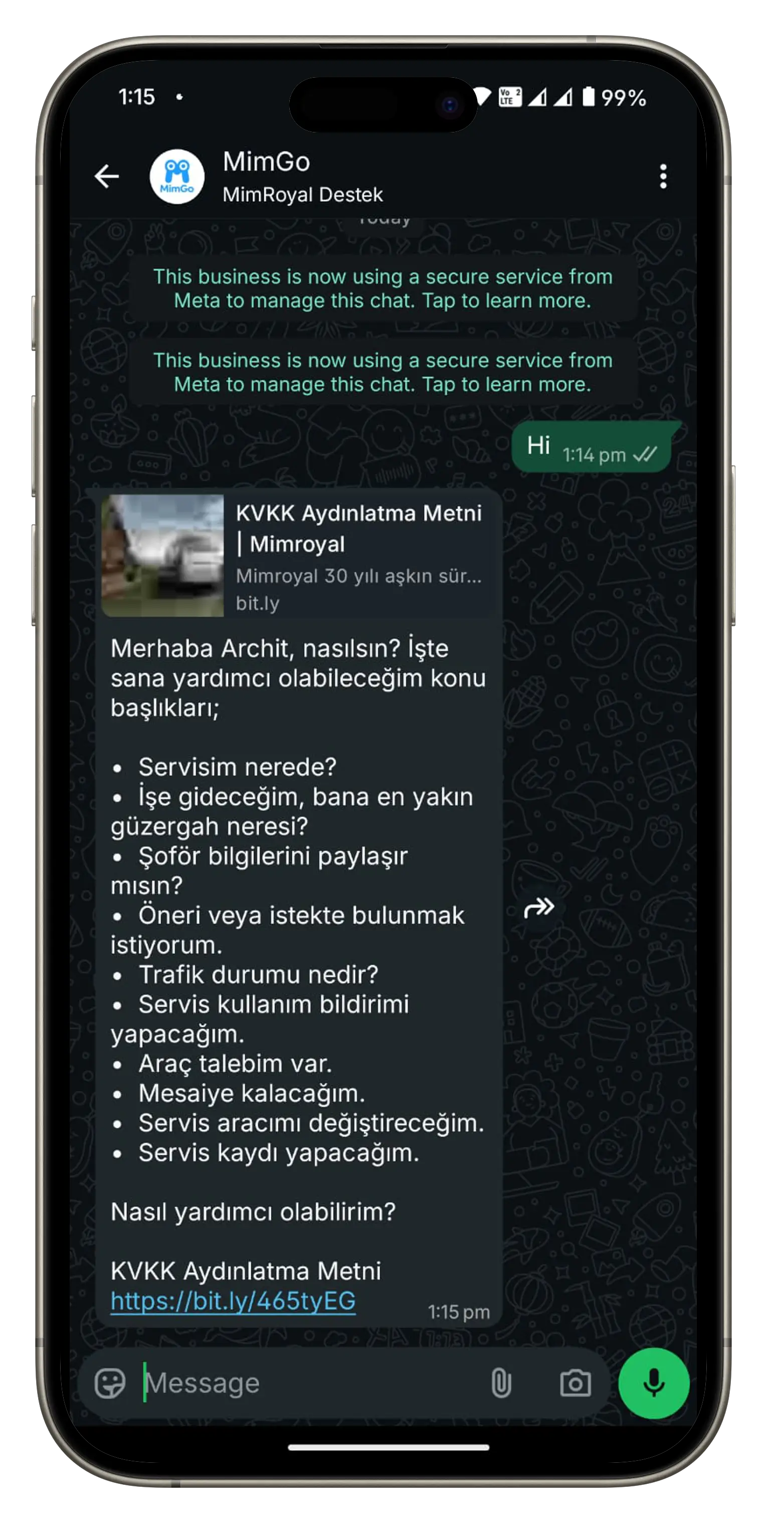 MimGo chatbot introduction screen