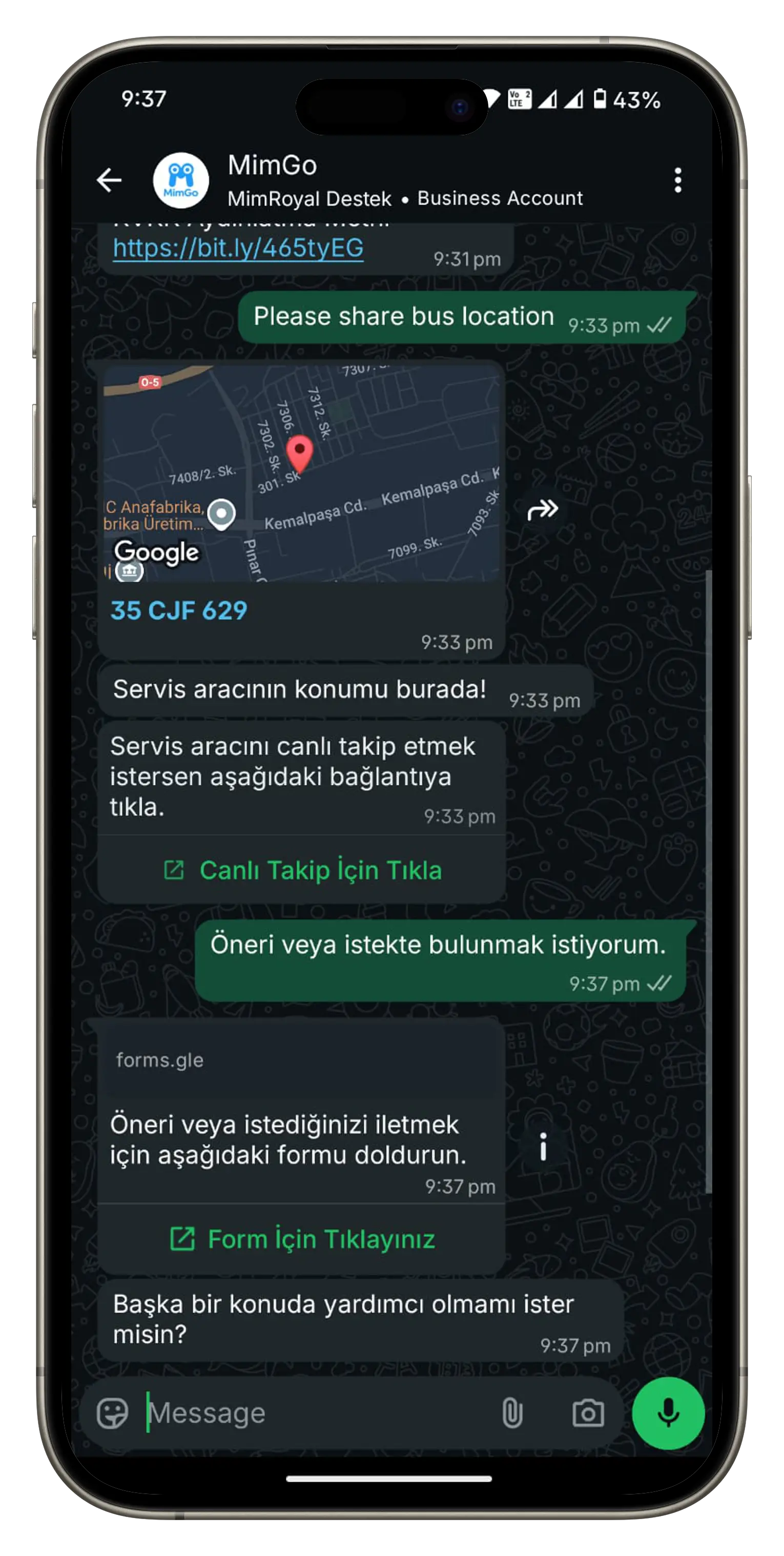 MimGo chatbot handling form requests
