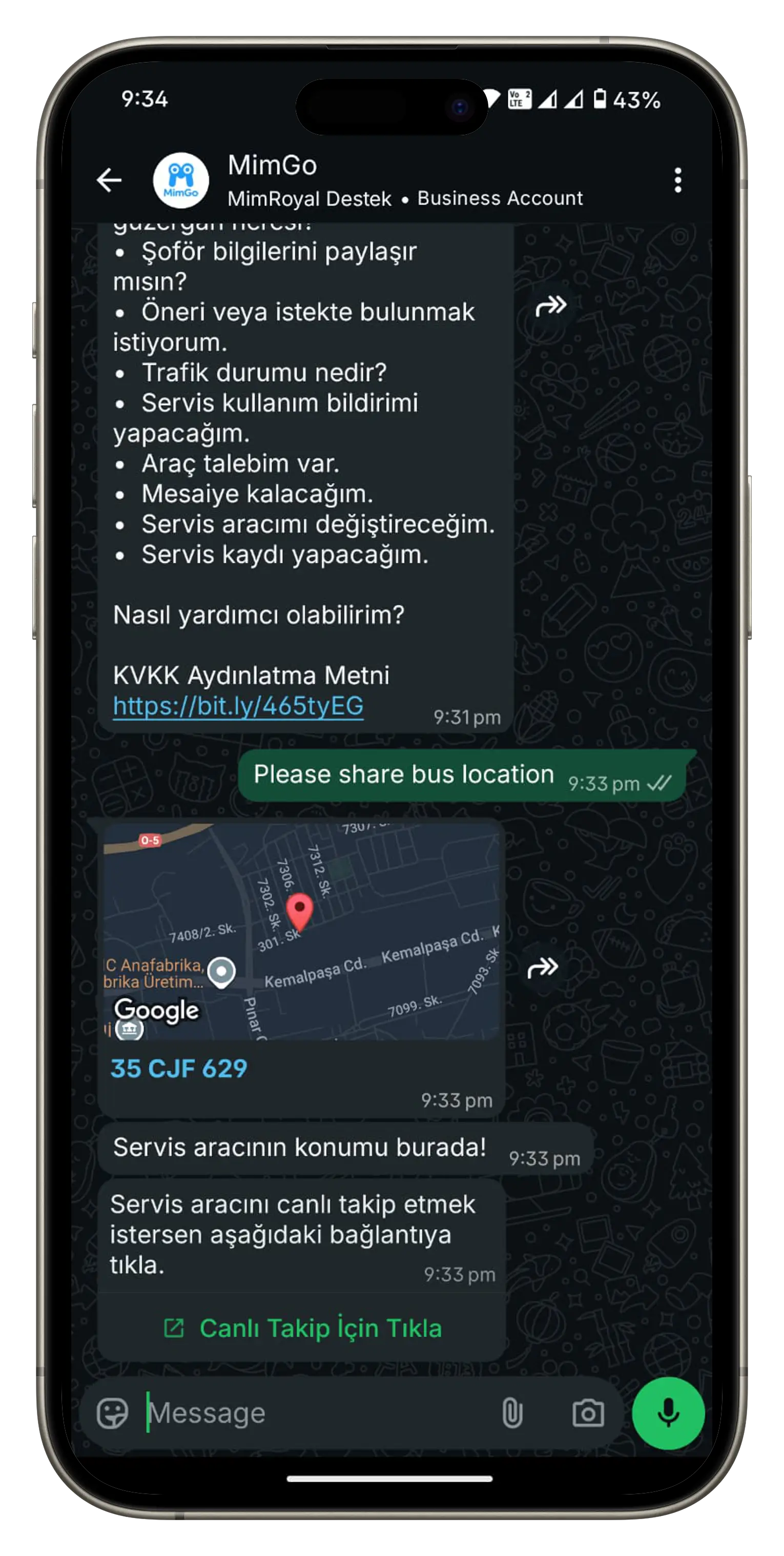 MimGo chatbot showing vehicle location tracking